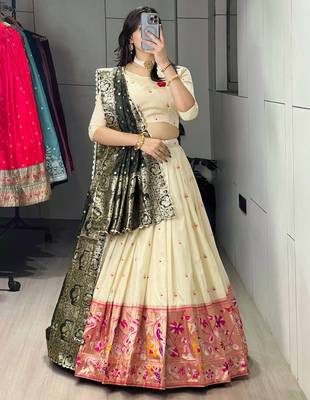 Green Color Zari Weaving Work With Flower Work On Boarder Paithani Silk Lehenga Choli With Unstitched Blouse 1
