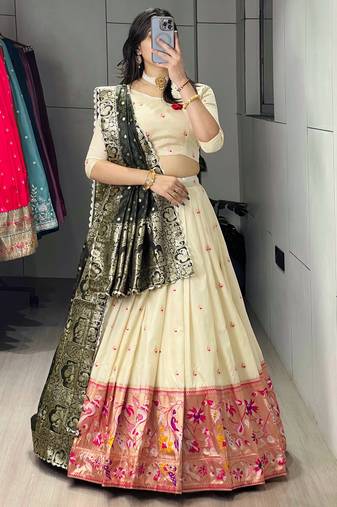 Green Color Zari Weaving Work With Flower Work On Boarder Paithani Silk Lehenga Choli With Unstitched Blouse