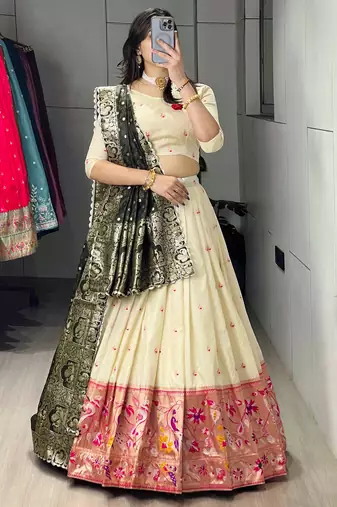 Green Color Zari Weaving Work With Flower Work On Boarder Paithani Silk Lehenga Choli With Unstitched Blouse