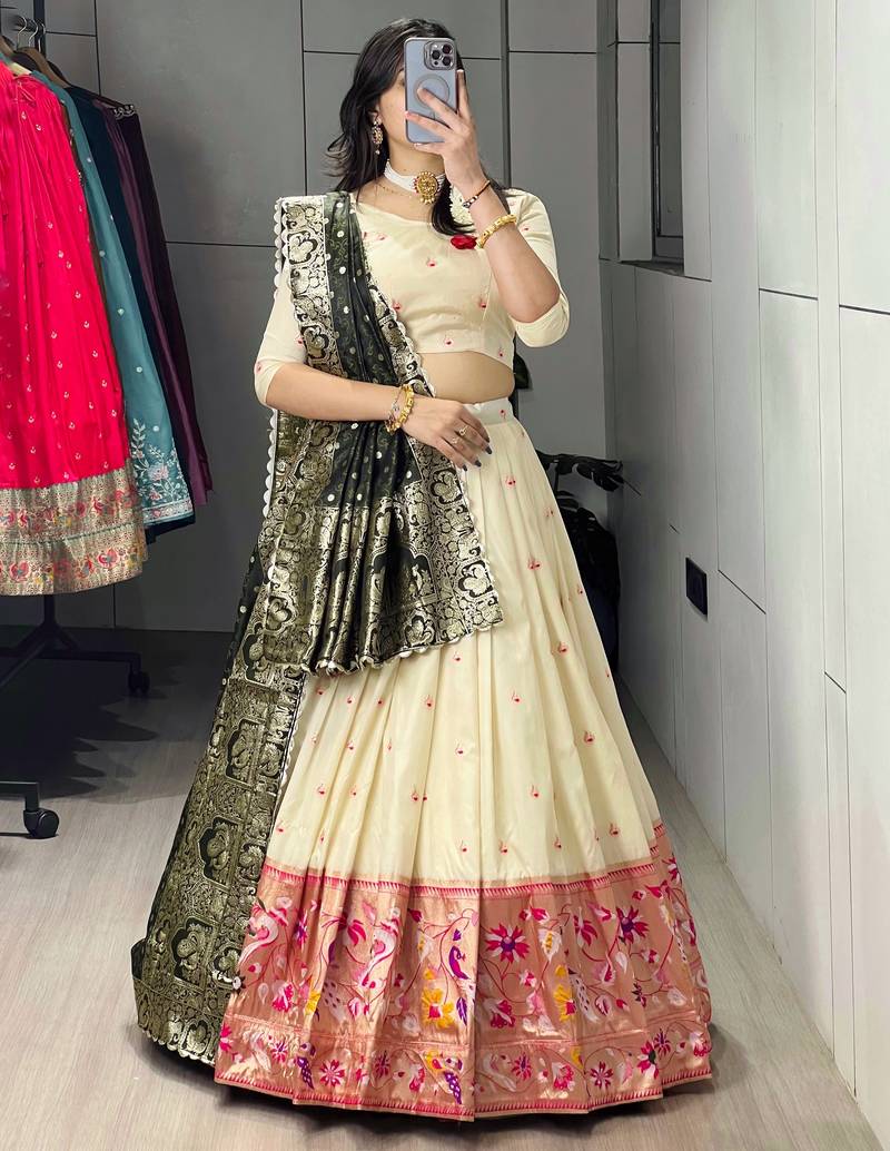 Green Color Zari Weaving Work With Flower Work On Boarder Paithani Silk Lehenga Choli With Unstitched Blouse