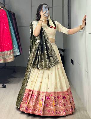 Green Color Zari Weaving Work With Flower Work On Boarder Paithani Silk Lehenga Choli With Unstitched Blouse 2