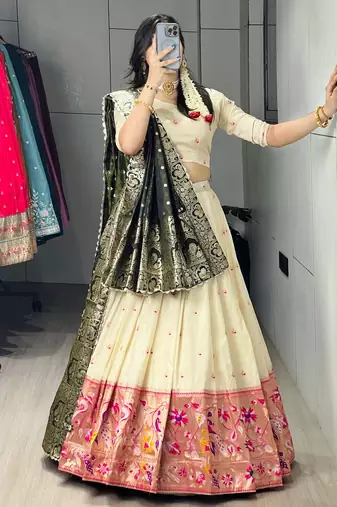 Green Color Zari Weaving Work With Flower Work On Boarder Paithani Silk Lehenga Choli With Unstitched Blouse