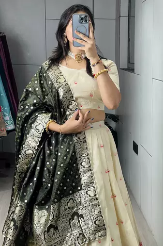 Green Color Zari Weaving Work With Flower Work On Boarder Paithani Silk Lehenga Choli With Unstitched Blouse