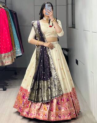 Dark Purple Color Zari Weaving Work With Flower Work On Boarder Paithani Silk Lehenga Choli With Unstitched Blouse 1