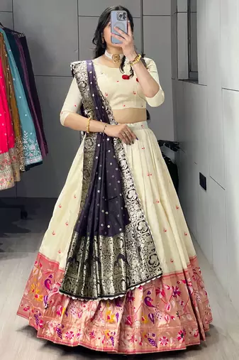 Dark Purple Color Zari Weaving Work With Flower Work On Boarder Paithani Silk Lehenga Choli With Unstitched Blouse