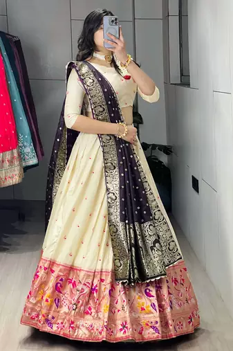 Dark Purple Color Zari Weaving Work With Flower Work On Boarder Paithani Silk Lehenga Choli With Unstitched Blouse