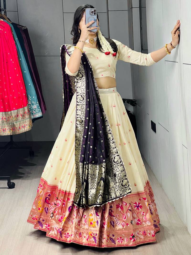 Dark Purple Color Zari Weaving Work With Flower Work On Boarder Paithani Silk Lehenga Choli With Unstitched Blouse