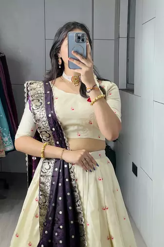 Dark Purple Color Zari Weaving Work With Flower Work On Boarder Paithani Silk Lehenga Choli With Unstitched Blouse