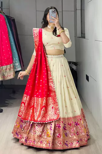 Red Color Zari Weaving Work With Flower Work On Boarder Paithani Silk Lehenga Choli With Unstitched Blouse