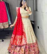 Red Color Zari Weaving Work With Flower Work On Boarder Paithani Silk Lehenga Choli With Unstitched Blouse