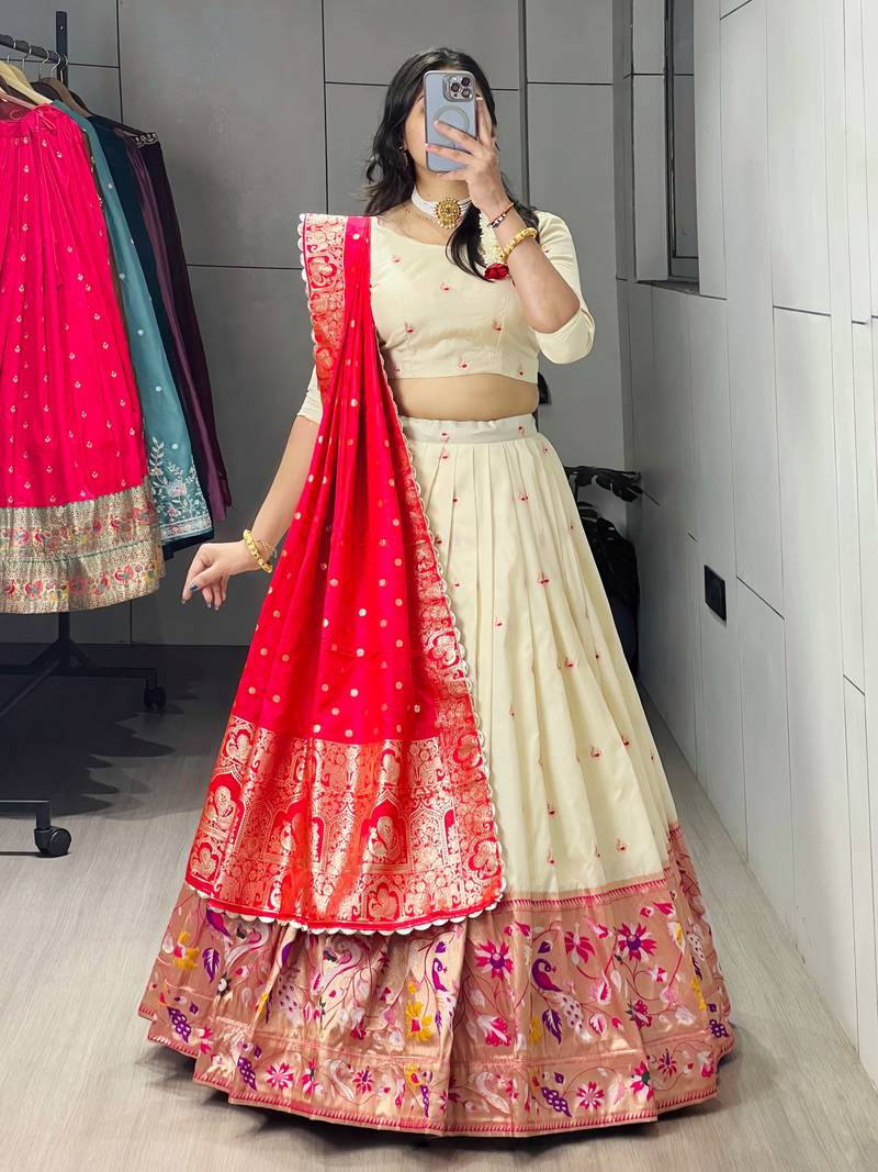 Red Color Zari Weaving Work With Flower Work On Boarder Paithani Silk Lehenga Choli With Unstitched Blouse