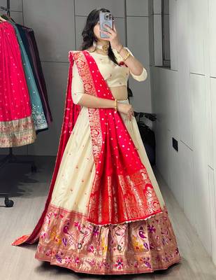 Red Color Zari Weaving Work With Flower Work On Boarder Paithani Silk Lehenga Choli With Unstitched Blouse 2