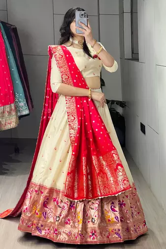 Red Color Zari Weaving Work With Flower Work On Boarder Paithani Silk Lehenga Choli With Unstitched Blouse