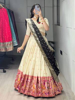 Brown Color Zari Weaving Work With Flower Work On Boarder Paithani Silk Lehenga Choli With Unstitched Blouse 1