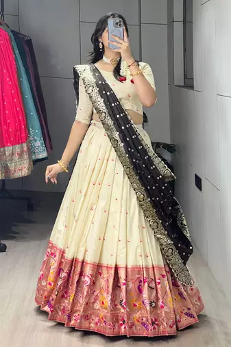 Brown Color Zari Weaving Work With Flower Work On Boarder Paithani Silk Lehenga Choli With Unstitched Blouse