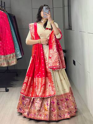 Red Color Zari Weaving Work With Flower Work On Boarder Paithani Silk Lehenga Choli With Unstitched Blouse 3