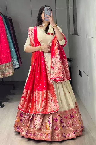 Red Color Zari Weaving Work With Flower Work On Boarder Paithani Silk Lehenga Choli With Unstitched Blouse