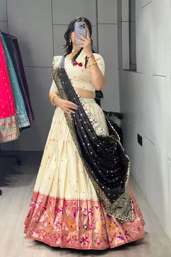 Brown Color Zari Weaving Work With Flower Work On Boarder Paithani Silk Lehenga Choli With Unstitched Blouse