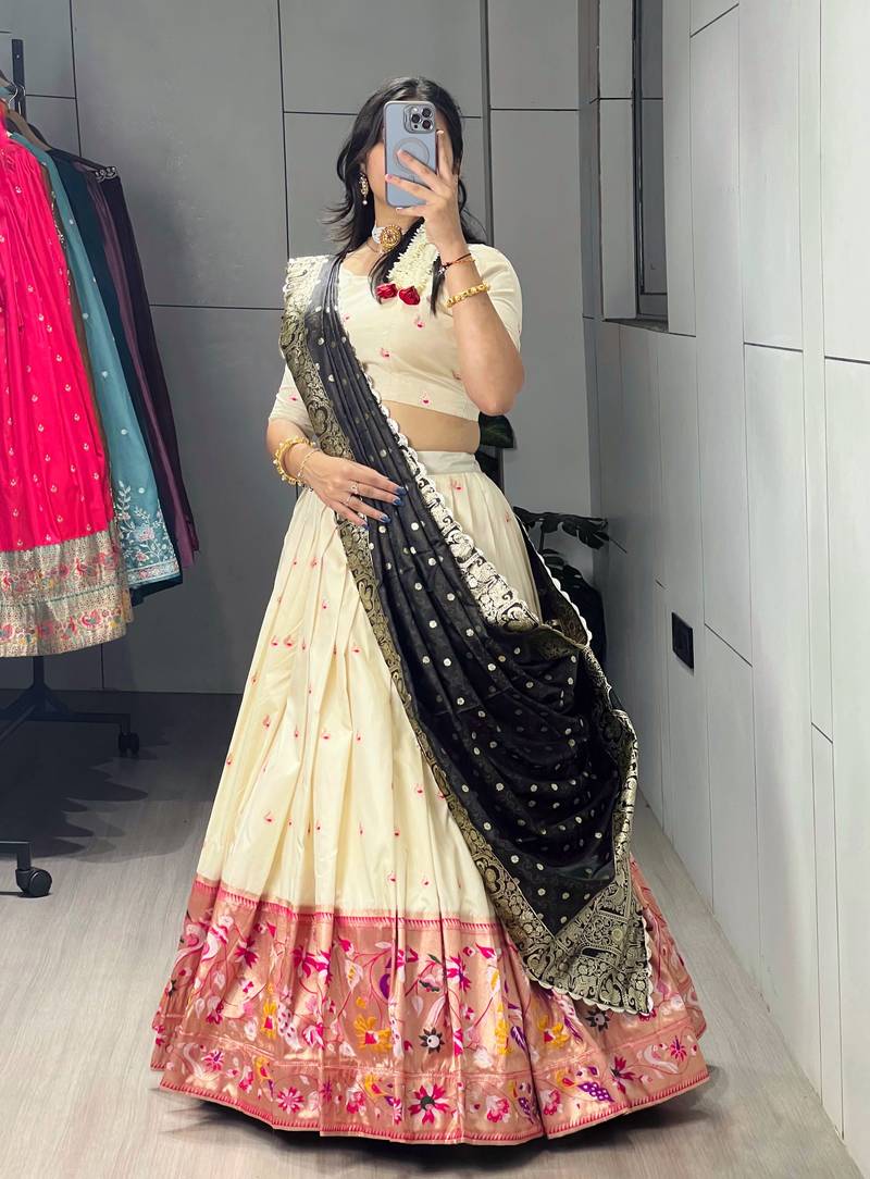 Brown Color Zari Weaving Work With Flower Work On Boarder Paithani Silk Lehenga Choli With Unstitched Blouse