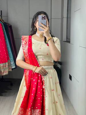Red Color Zari Weaving Work With Flower Work On Boarder Paithani Silk Lehenga Choli With Unstitched Blouse 4