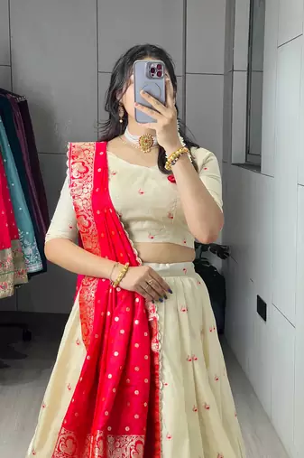 Red Color Zari Weaving Work With Flower Work On Boarder Paithani Silk Lehenga Choli With Unstitched Blouse