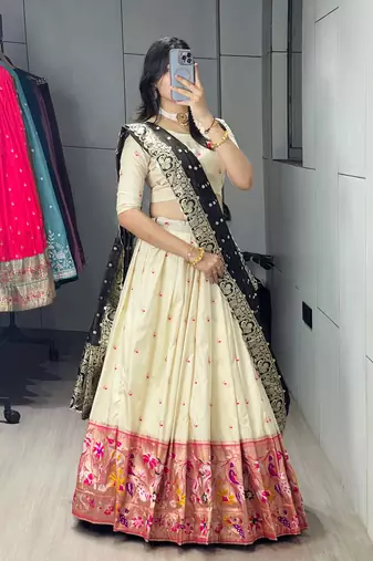 Brown Color Zari Weaving Work With Flower Work On Boarder Paithani Silk Lehenga Choli With Unstitched Blouse