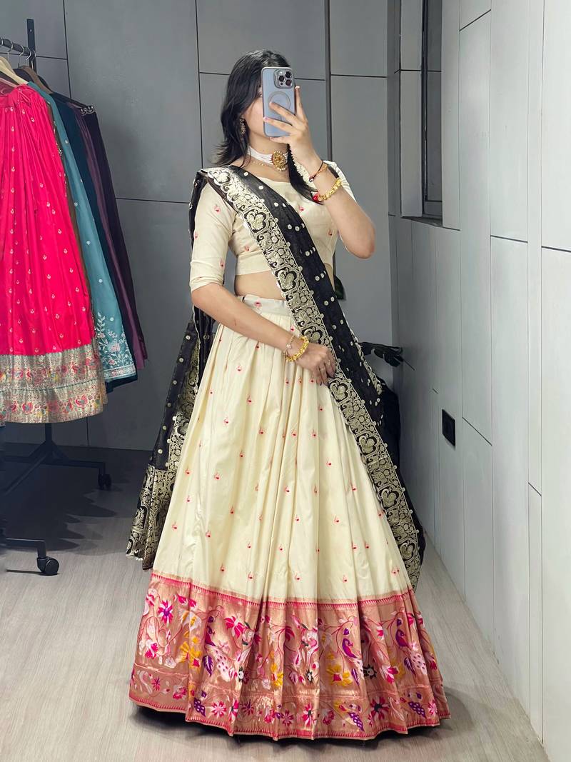 Brown Color Zari Weaving Work With Flower Work On Boarder Paithani Silk Lehenga Choli With Unstitched Blouse