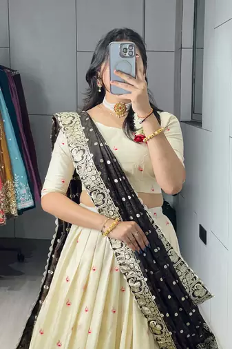Brown Color Zari Weaving Work With Flower Work On Boarder Paithani Silk Lehenga Choli With Unstitched Blouse
