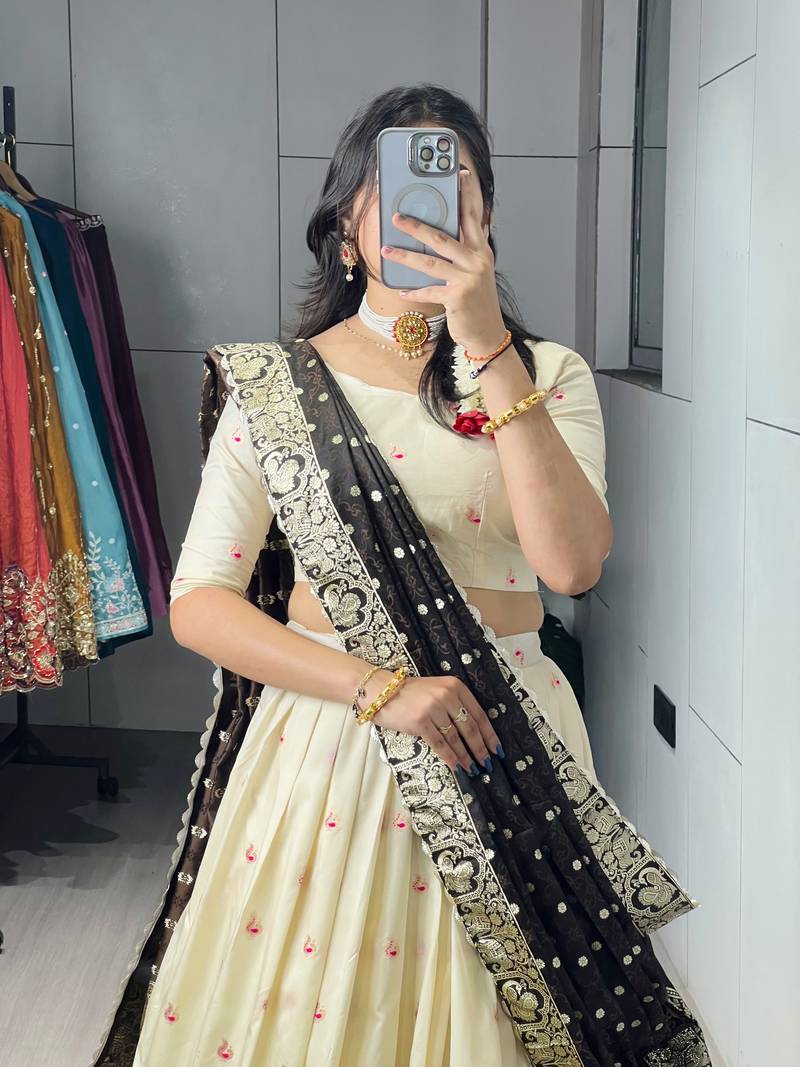 Brown Color Zari Weaving Work With Flower Work On Boarder Paithani Silk Lehenga Choli With Unstitched Blouse