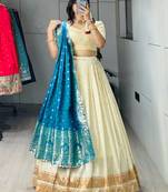 Firozi Color Zari Weaving Work Paithani Silk Lehenga Choli With Unstitched Blouse