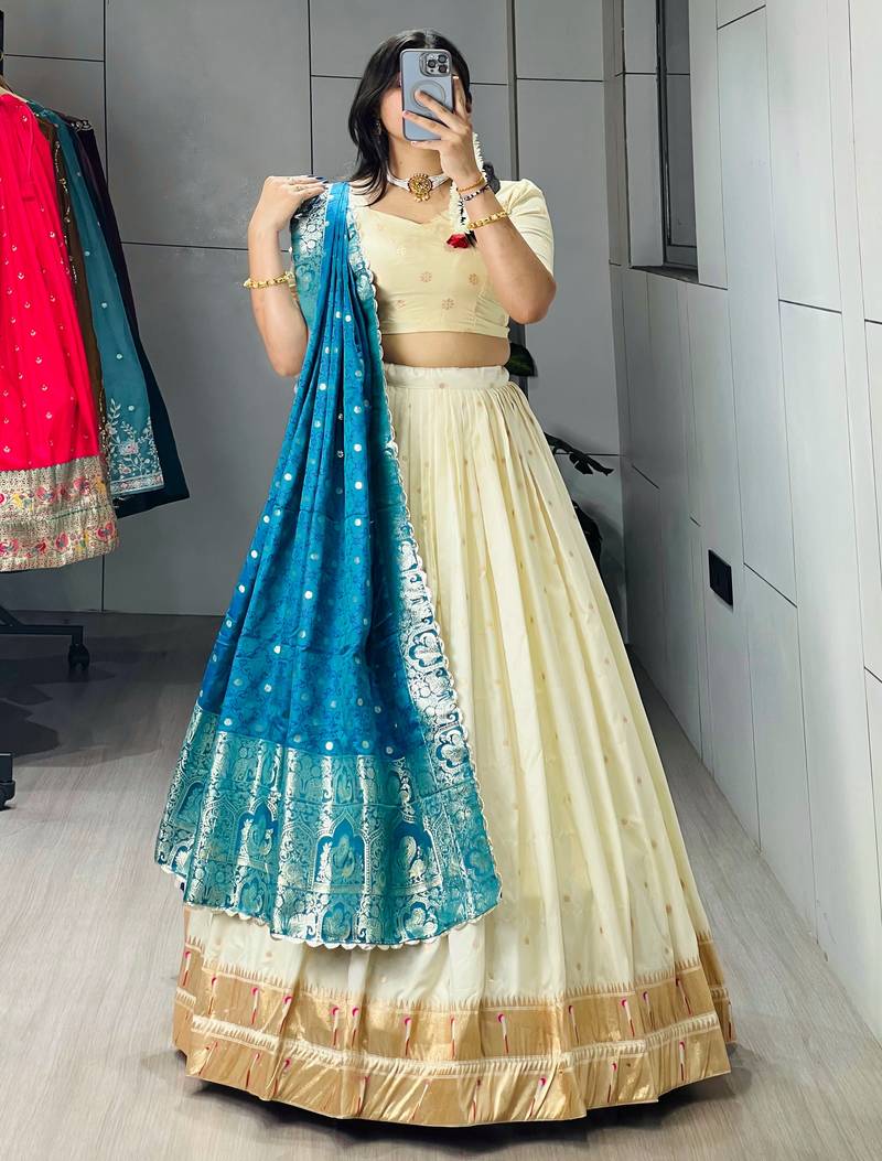 Firozi Color Zari Weaving Work Paithani Silk Lehenga Choli With Unstitched Blouse