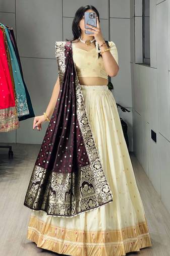 Wine Purple Color Zari Weaving Paithani Silk Lehenga Choli With Unstitched Blouse