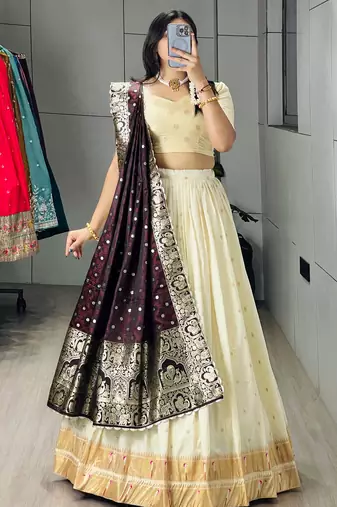 Wine Purple Color Zari Weaving Paithani Silk Lehenga Choli With Unstitched Blouse