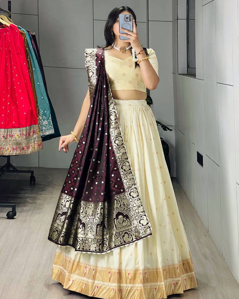Wine Purple Color Zari Weaving Paithani Silk Lehenga Choli With Unstitched Blouse