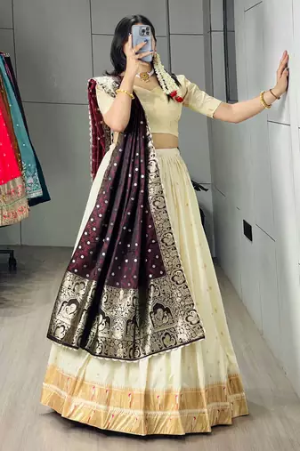 Wine Purple Color Zari Weaving Paithani Silk Lehenga Choli With Unstitched Blouse