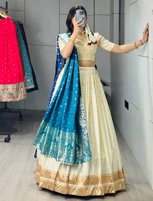Firozi Color Zari Weaving Work Paithani Silk Lehenga Choli With Unstitched Blouse 2