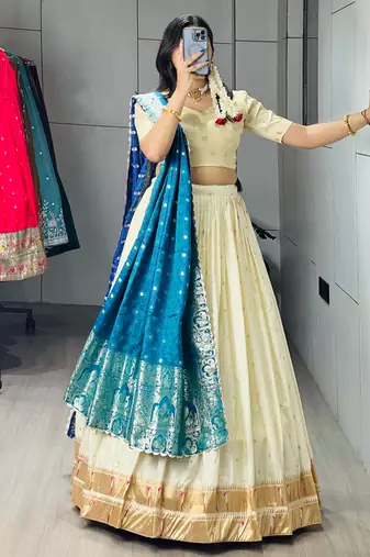 Firozi Color Zari Weaving Work Paithani Silk Lehenga Choli With Unstitched Blouse