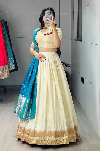 Firozi Color Zari Weaving Work Paithani Silk Lehenga Choli With Unstitched Blouse