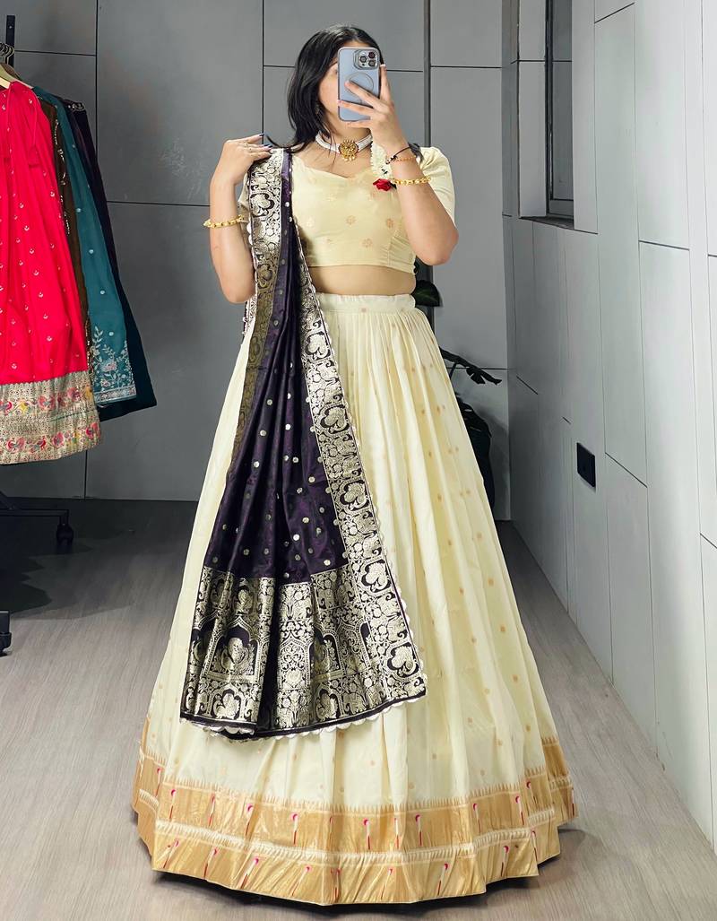 Purple Color Zari Weaving Work Paithani Silk Lehenga Choli With Unstitched Blouse