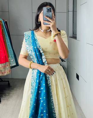 Firozi Color Zari Weaving Work Paithani Silk Lehenga Choli With Unstitched Blouse 4