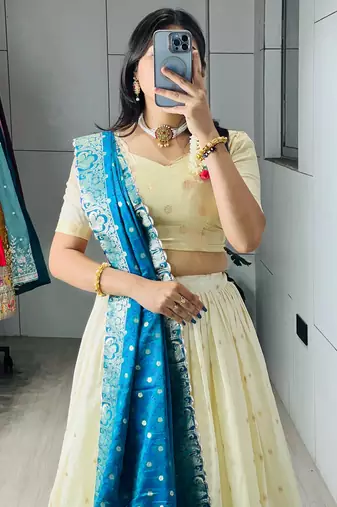 Firozi Color Zari Weaving Work Paithani Silk Lehenga Choli With Unstitched Blouse