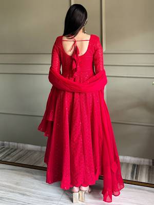 Amazeballs Red Thread Work Georgette Wedding Wear Anarkali Pant Suit 7