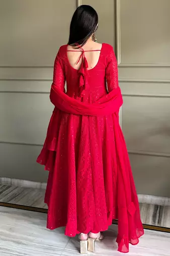 Amazeballs Red Thread Work Georgette Wedding Wear Anarkali Pant Suit