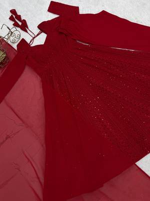 Amazeballs Red Thread Work Georgette Wedding Wear Anarkali Pant Suit 8