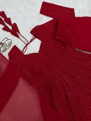 Amazeballs Red Thread Work Georgette Wedding Wear Anarkali Pant Suit 9