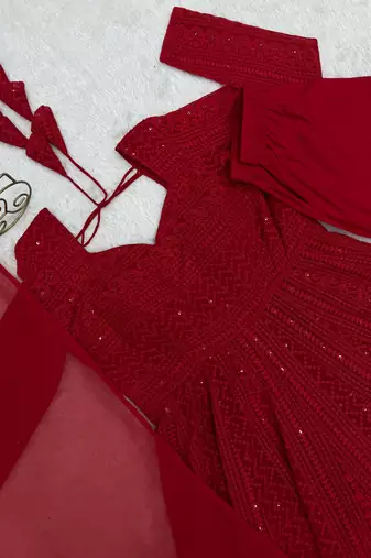 Amazeballs Red Thread Work Georgette Wedding Wear Anarkali Pant Suit