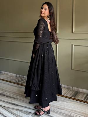 Gorgeous Black Sequins Georgette Evening Wear Anarkali Pant Suit 7