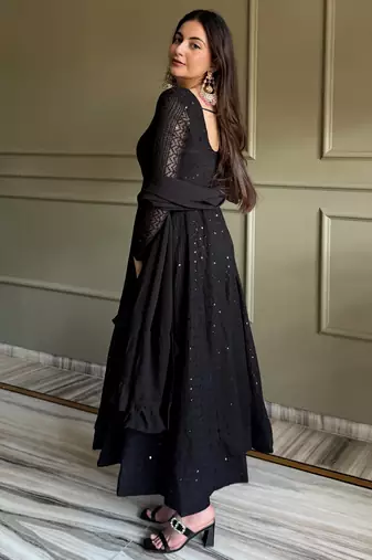 Gorgeous Black Sequins Georgette Evening Wear Anarkali Pant Suit