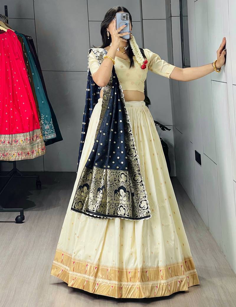 Navy-blue Color Zari Weaving Work Paithani Silk Lehenga Choli With Unstitched Blouse