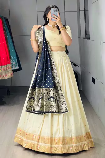 Navy-blue Color Zari Weaving Work Paithani Silk Lehenga Choli With Unstitched Blouse